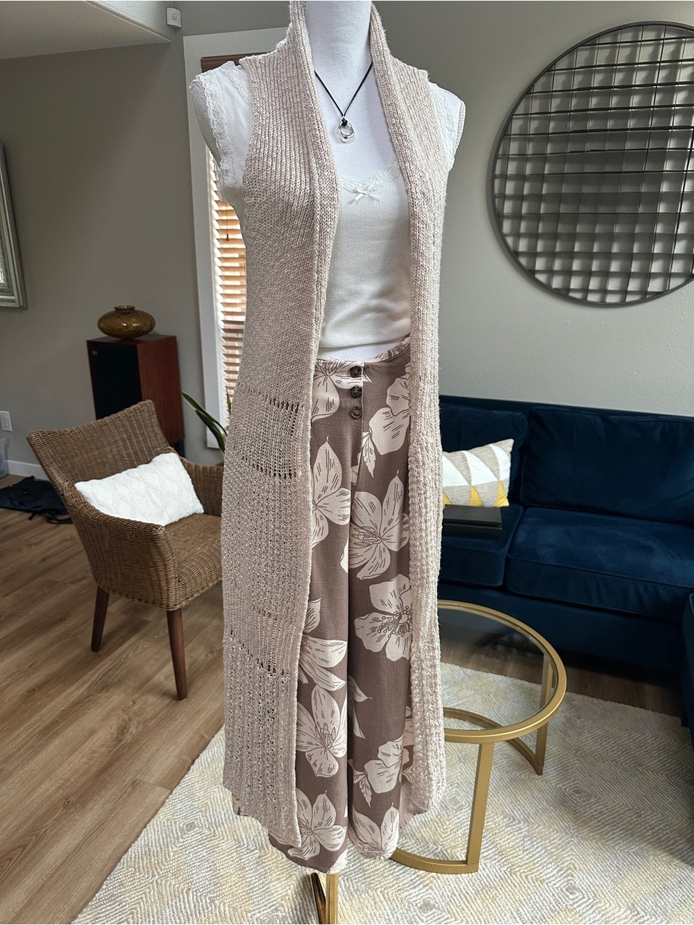 Boho Sleeveless Open Knit Long duster Vest in Light Beige